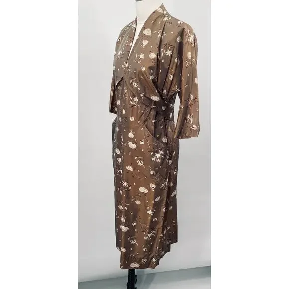 Vintage 40s 50s Floral Satin Sheath Dress V Neck Pockets Cinched Waist Brown 10 - Picture 4 of 12